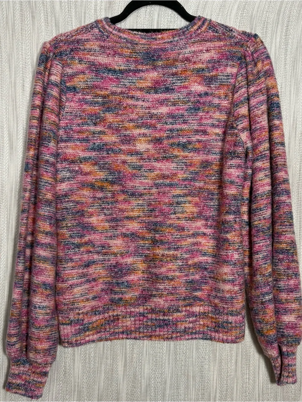 J. Crew Pink Multicolor Marled Crewneck Sweater with puff shoulder